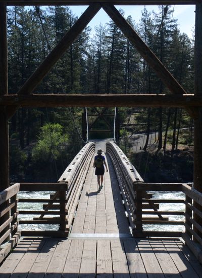 The 216-foot span over the Spokane River at the Bowl and Pitcher in Riverside State Park is the only suspension bridge in Washington’s state park system.  (RICH LANDERS/FOR THE SPOKESMAN-REVIEW)