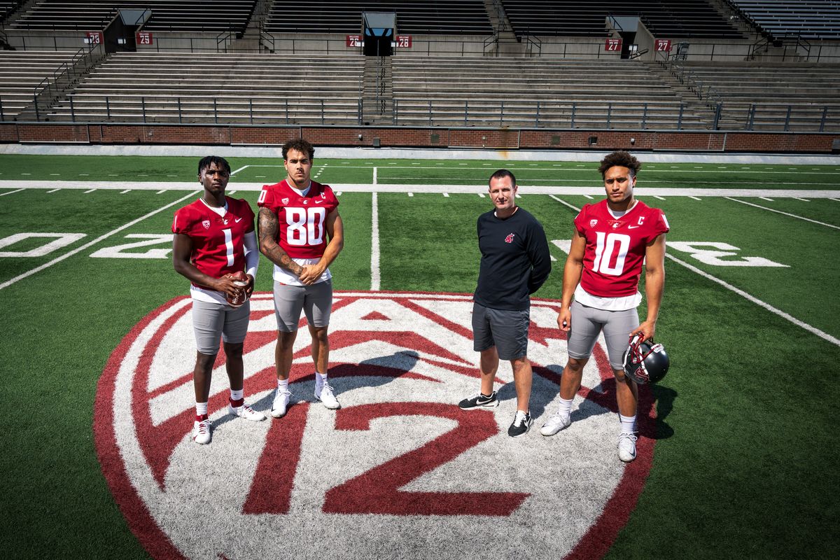 Washington State coach Jake Dickert will lean on quarterback Cam Ward (1), and edge rushers Brennan Jackson (80) and Ron Stone Jr. (10) in the final Pac-12 season.  (Colin Mulvany/The Spokesman-Review)