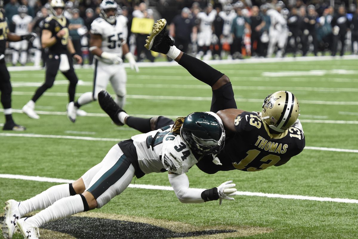 New Orleans Saints wide receiver Michael Thomas (13) pulls in a touchdown reception against Philadelphia Eagles cornerback Cre