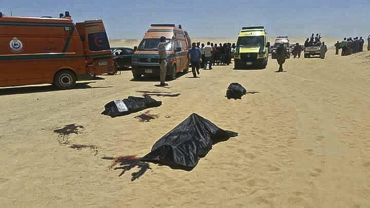 This image released by the Minya governorate media office shows bodies of victims killed when gunmen stormed a bus in Minya, Egypt, Friday, May 26, 2017. Egyptian officials say dozens of people were killed and wounded in an attack by masked militants on a bus carrying Coptic Christians, including children, south of Cairo. (Minya Governorate Media office)