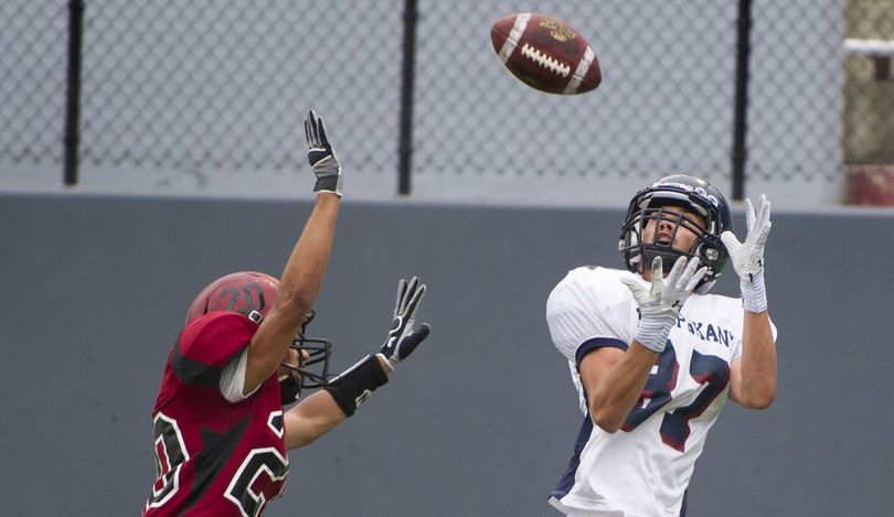 Mt. Spokane Dillon Madlener catches a 40-yard touchdown pass as North Central's Jamaal Edwards defends during the second half of their GSL high school football game, Friday, Sept. 6, 2013 at Joe Albi Stadium. (Colin Mulvany / The Spokesman-Review)