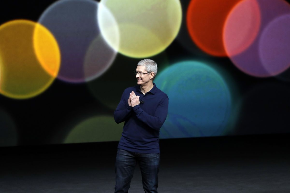 Apple CEO Tim Cook speaks during an event to announce new products on Wednesday in San Francisco. (Marcio Jose Sanchez / Associated Press)