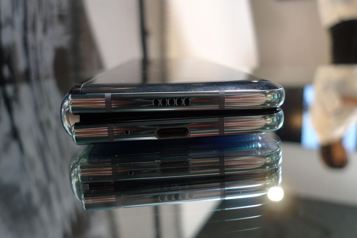 The Samsung Galaxy Fold smartphone is seen in its folded position, during a media preview event in London, Tuesday April 16, 2019. (Kelvin Chan / AP)