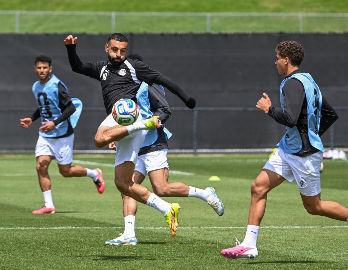 Egypt’s Mohamed Salah deflects a ball while scrimmaging during a public practice for the Egyptian national soccer team Wednesday at Gonzaga University’s Luger Field. Spokane is Egypt’s base camp for the World Cup taking place across North America.  (Jesse Tinsley/THE SPOKESMAN-REVI)