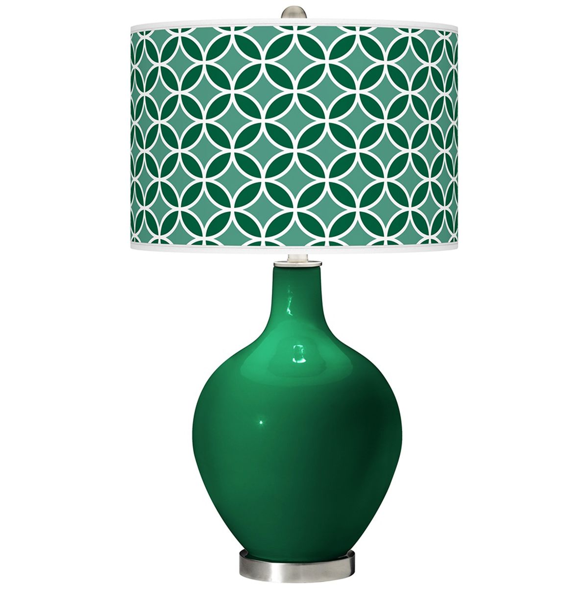 At right: The Greens Circle Rings Ovo table lamp, a smart, contemporary emerald green accent in a home (www.lampsplus.com).