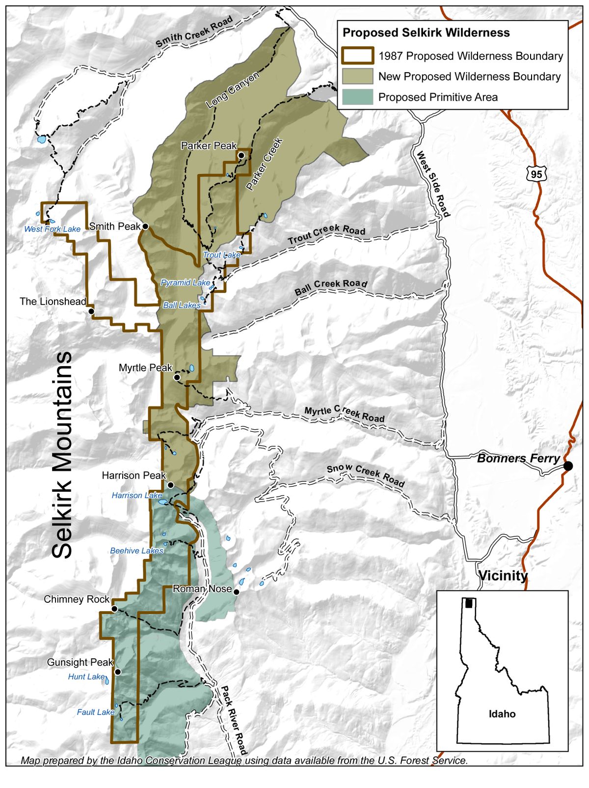 Idaho Conservation League map regarding the forest plan proposal for the Selkirk Mountains, revised.  (Courtesy of Idaho Conservation League)