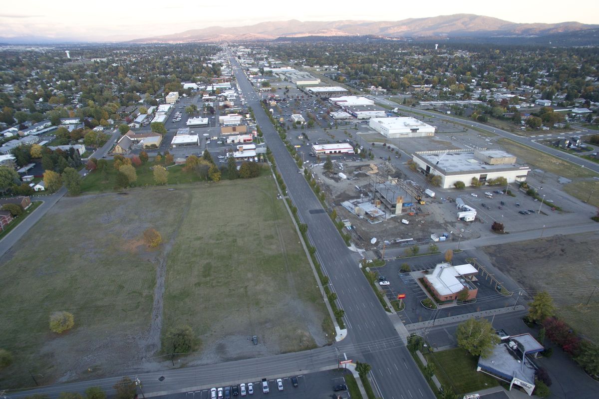 Sprague Avenue is seen in an aerial photo taken in 2016. Spokane Valley is seeking public input on its roads as it considers options for funding future maintenance.   (JESSE TINSLEY/THE SPOKESMAN-REVIEW)