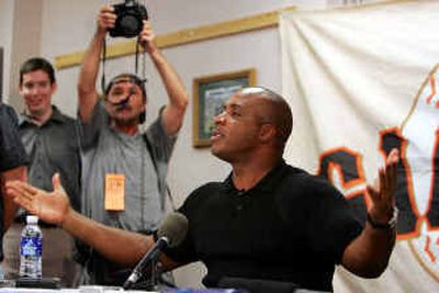 
San Francisco slugger Barry Bonds answers questions Tuesday at the Giants' spring training facility in Scottsdale, Ariz.
 (Associated Press / The Spokesman-Review)