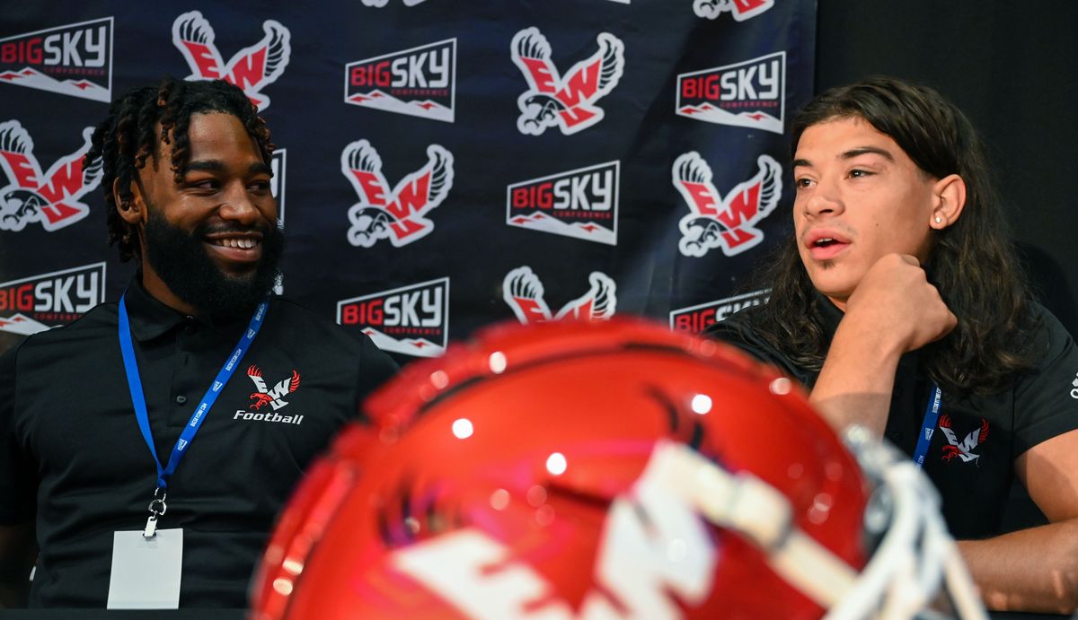 Eastern Washington University football players Freddie Roberson, left, and Anthany Smith await questions during the Big Sky media kickoff day, Monday, July 25, 2022 at the Davenport Grand Hotel in Spokane.  (Dan Pelle/The Spokesman-Review)