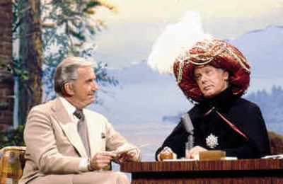 
Johnny Carson as Carnac the Magnificent runs through a skit with Ed McMahon in this scene from 