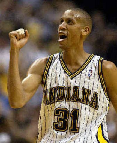 
Indiana guard Reggie Miller celebrates a basket during the third quarter of the Pacers' victory over Miami on Saturday.Indiana guard Reggie Miller celebrates a basket during the third quarter of the Pacers' victory over Miami on Saturday.
 (Associated PressAssociated Press / The Spokesman-Review)