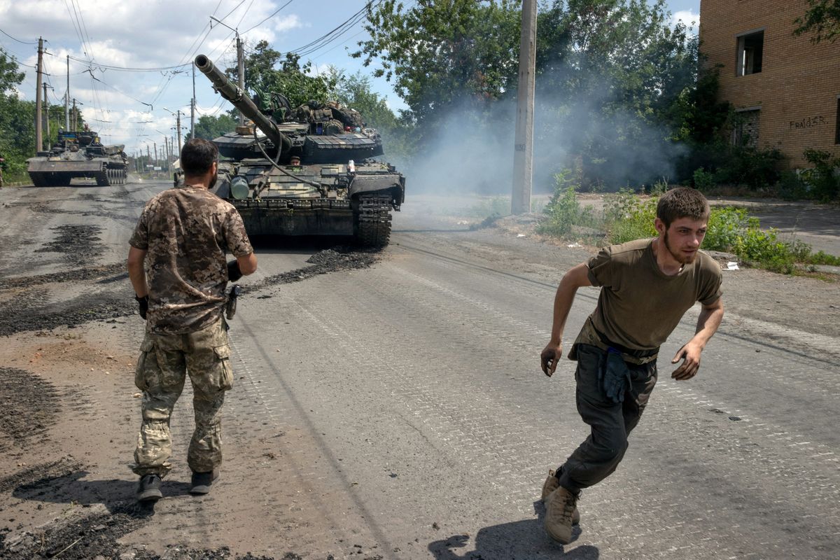  A T-64BV tank comes off the front line for repairs on June 29, 2023, in Bakhmut, Ukraine. The urge to play a violent video game in the midst of the most brutal land war in Europe since World War II may seem baffling. But it