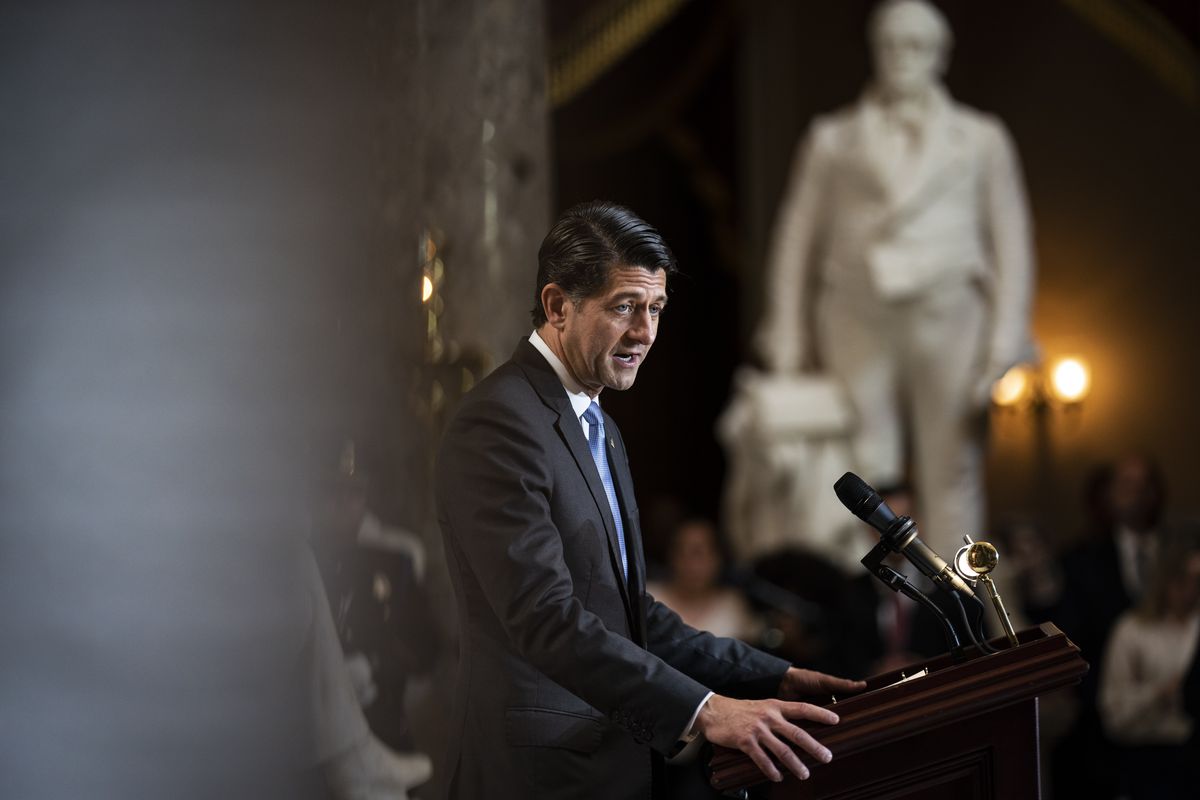 Former Speaker of the House Paul D. Ryan said the current speaker, Mike Johnson (R-La.), needs to call the far-right’s bluff.  (Jabin Botsford/The Washington Post)