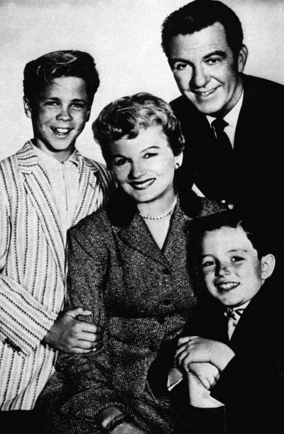 In this undated file photo, from left, Tony Dow as Wally, Barbara Billingsley as June, Hugh Beaumont as Ward and Jerry Mathers as Beaver, the cast of the TV series 