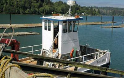 
The boat at the Oregon Oyster Farm is ready to move over to the docks where oysters are growing, suspended below the surface of the bay. Oysters are harvested every day of the year. Below, discarded shells are tied on ropes and suspended off the docks at the Oregon Oyster Farm. Young oysters use the shells as an anchor for their own shells while they are growing.
 (PHOTOs BY MIKE BRODWATER / The Spokesman-Review)