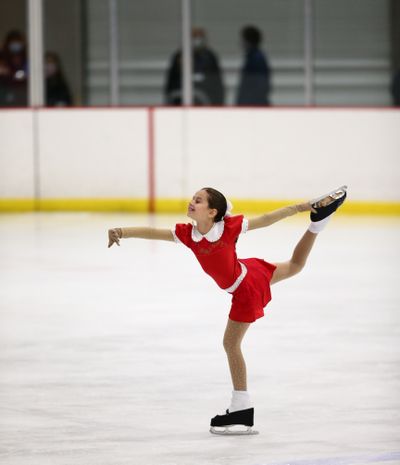Riley Vinson, 10, competes in the Blue Ridge Classic at Ion International Training Center in Leesburg, Va. The skater practices six days a week and loves the feeling of “flying” when she does jumps and spins.  (Family photo)