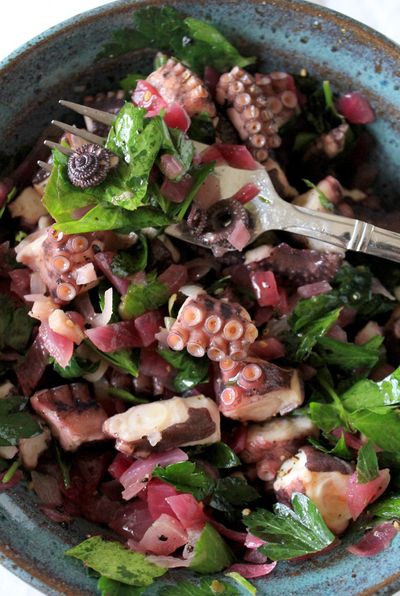 In addition to its star ingredient, Dalmatian Octopus Salad features lemon, onion, garlic, Italian flat-leaf parsley, salt, pepper and olive oil. (Adriana Janovich)