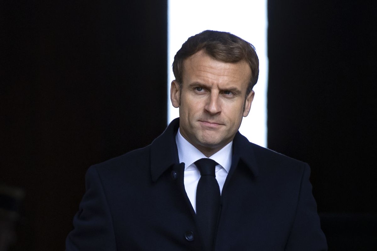 French President Emmanuel Macron arrives for a military ceremony at the Invalides monument in Paris, Thursday, Nov.4, 2021 (Ian Langsdon)