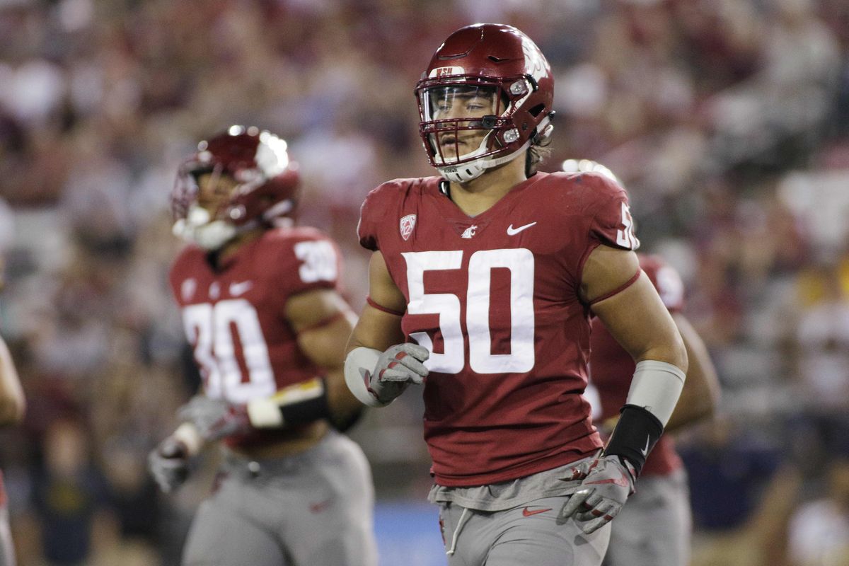 Washington State defensive lineman Hercules Mata’afa (50) jogs on the field during the second half of an NCAA college football game against Montana State in Pullman, Saturday, Sept. 2, 2017. (Young Kwak / Associated Press)