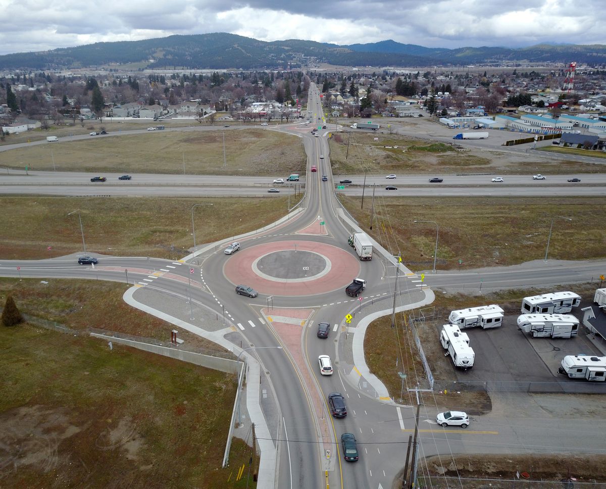 Two roundabouts now help traffic on Barker Road flow on and off of Interstate 90 in eastern Spokane Valley.   (Jesse Tinsley/The Spokesman-Review)