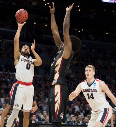 Gonzaga Bulldogs guard Silas Melson (0) shoots against the Florida State Seminoles during the first half of a 2018 NCAA Sweet 16 basketball game on Thursday, March 22, 2018, at Staples Center in Los Angeles, Calif. (Tyler Tjomsland / The Spokesman-Review)