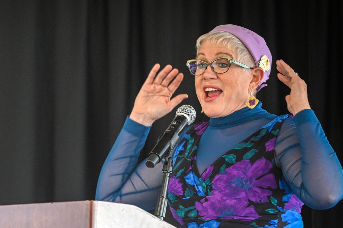 Writer and actress Julia Sweeney entertains a room full of Lilac Festival staff and royalty with hilarious stories of her life Friday at the Lilac Festival luncheon at the Centennial Hotel in Spokane. Sweeney will lead the Armed Forces Torchlight Parade as the grand marshal on Saturday in downtown Spokane. (Jesse Tinsley/THE SPOKESMAN-REVI)