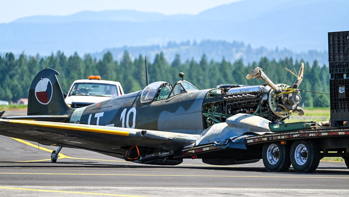 A World War II-era Supermarine Spitfire fighter is towed to a hangar after a hard landing at the Deer Park Airport, Friday morning, July 7, 2023. Historic Flight Foundation Chairman John Sessions was piloting the plane during the troubled landing. He was uninjured. The Spitfires were used by the British and had a decisive advantage fighting the German Luftwaffe in the Battle of Britain.  (DAN PELLE/THE SPOKESMAN-REVIEW)