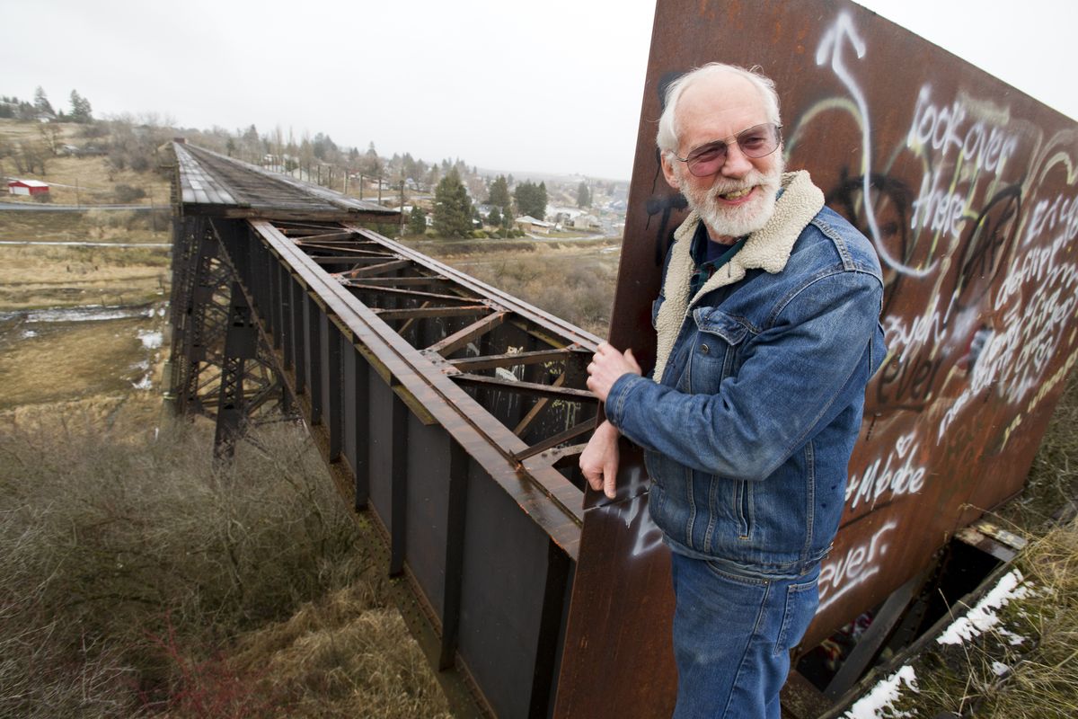 Monte Morgan, of Tekoa, Wash., is advocating that the old Milwaukee Road railroad trestle next to his farm be used to continue the John Wayne Pioneer Trail into Idaho. “We’ve got it (the trail route) cleared and ready to go to the Idaho border,” he said. (Colin Mulvany)