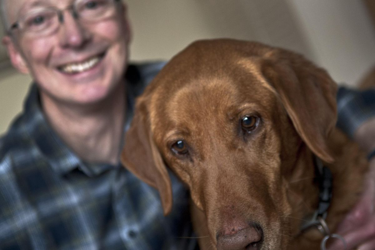 Spokane Valley resident Colin Hayes is photographed with his fox red labrador Apollo at his home on Friday, Jan.4, 2018. Apollo is the subject of one of his greeting cards. (Kathy Plonka / The Spokesman-Review)