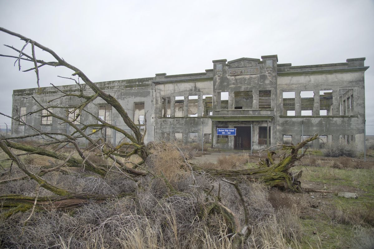 Hanford High School, abandoned in 1943 when the government took over more than 600 square miles of Eastern Washington for the Manhattan Project, stands as a shell at the town site of Hanford, shown Thursday, Jan. 21, 2016. (Jesse Tinsley / The Spokesman-Review)
