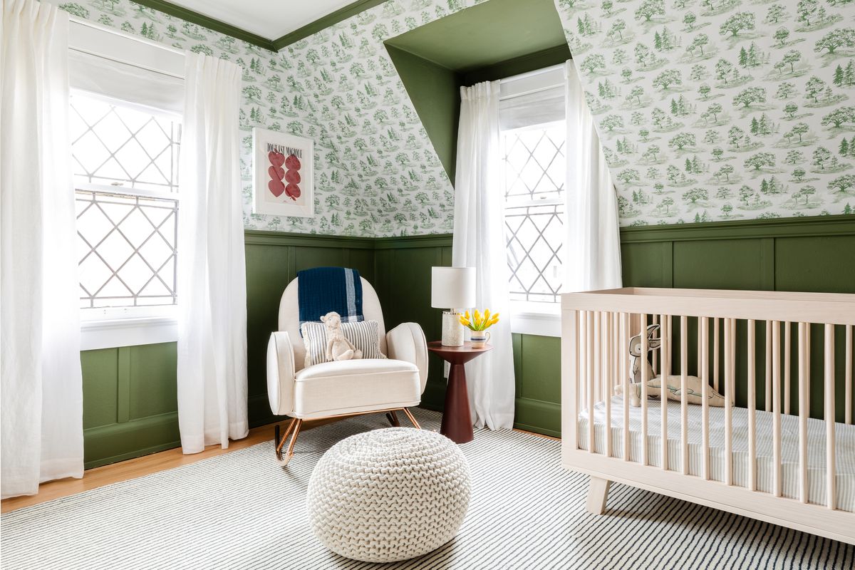 Peel-and-stick wallpaper is a beautiful and adjustable option for renters. Picture Tree Toile in green by Chasing Paper by Carrie Shyrock, from $40.  (Anna Spaller)