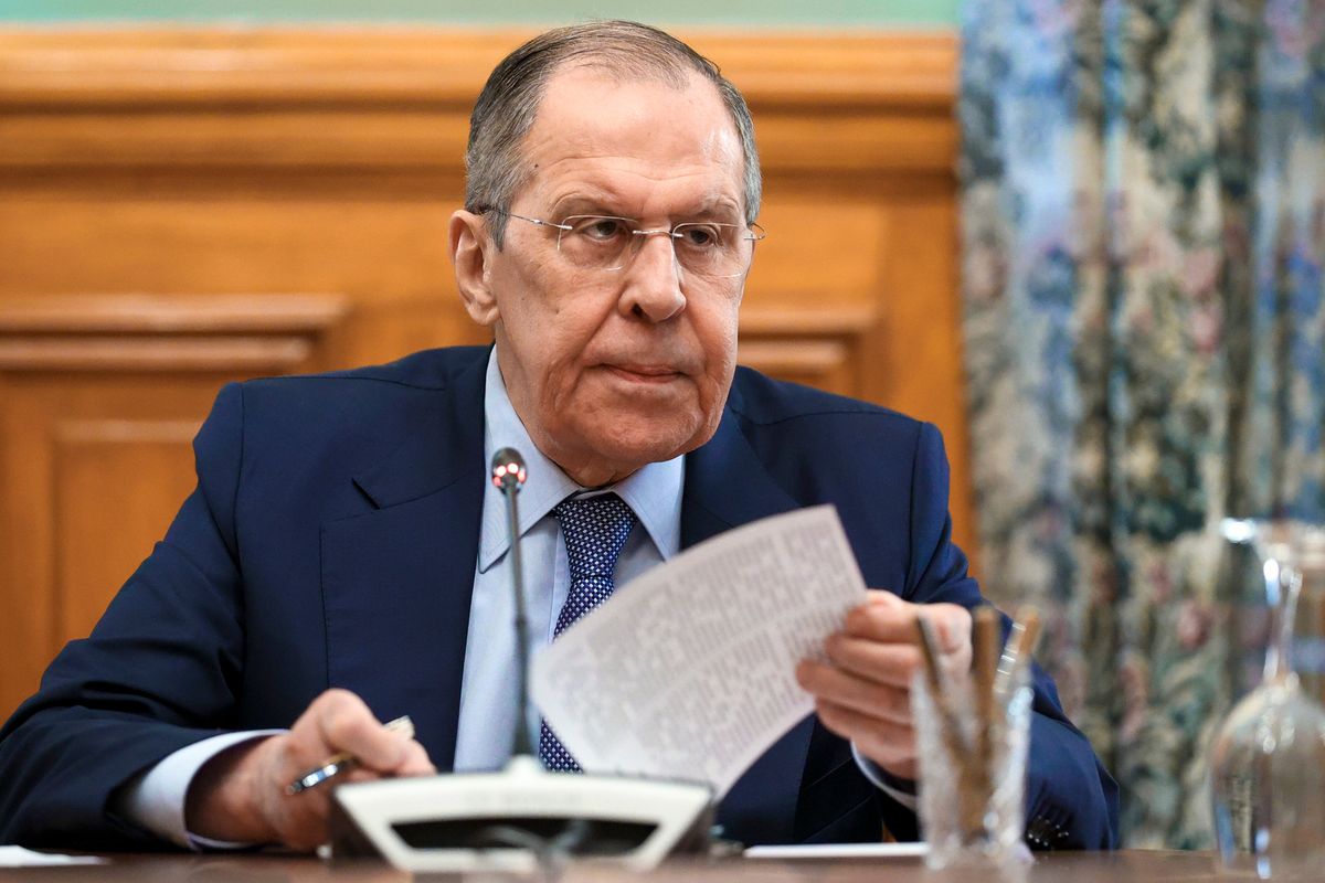 FILE - In this handout photo released by Russian Foreign Ministry Press Service, Russian Foreign Minister Sergey Lavrov speaks during a meeting with top envoys from the separatist regions in eastern Ukraine, Vladislav Deinego of the Luhansk People