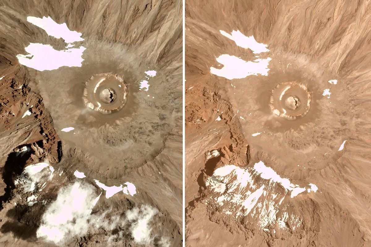 This combination of satellite images provided by Planet Labs Inc. shows glaciers at Mt. Kilimanjaro in Tanzania in 2016, left and 2021. With many glaciers rapidly melting because of climate change, countries around the world are facing trouble from the disappearance of the ice sheets.  (HONS)