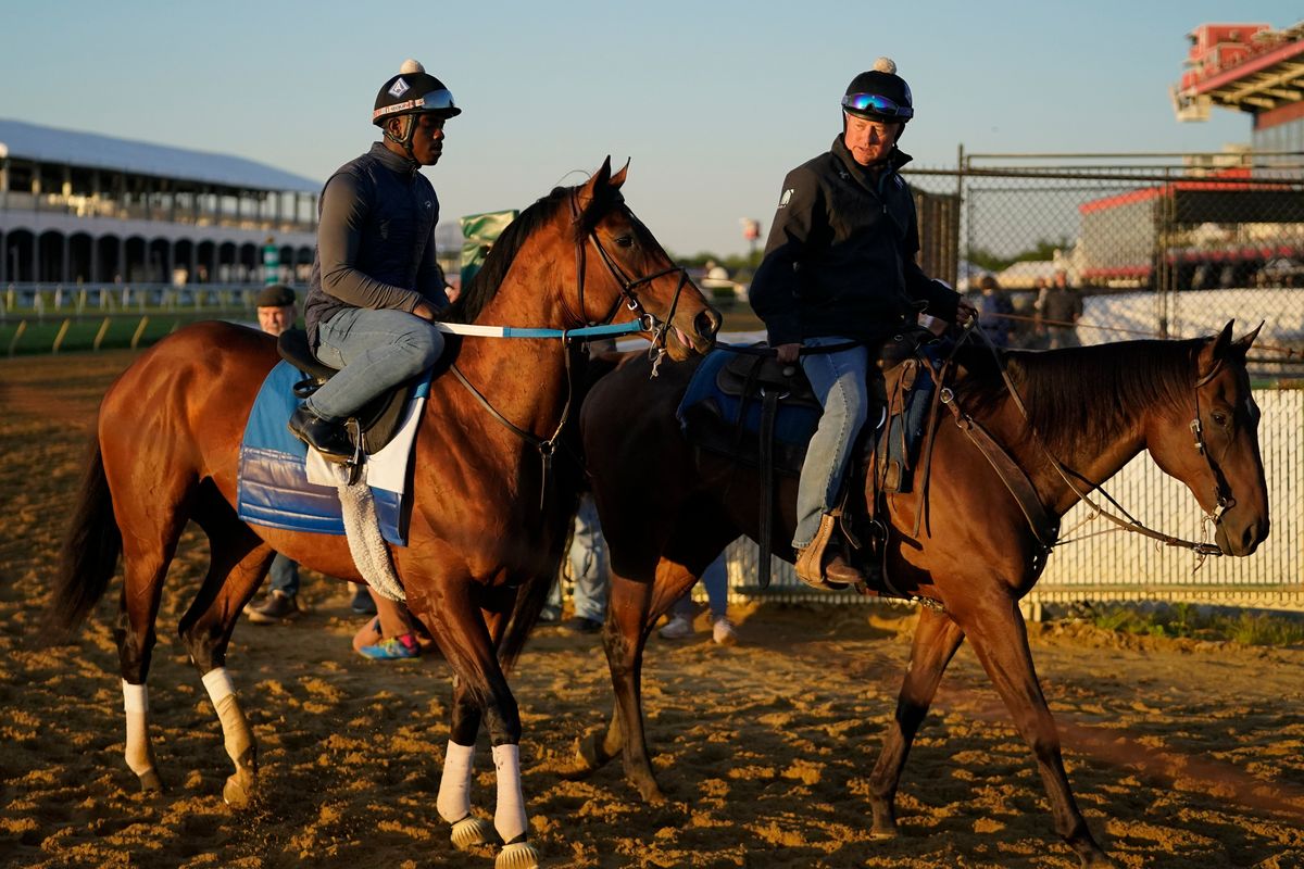 Preakness entrant Epicenter, left, the runner up in the Kentucky Derby horse race, leaves the track after a workout ahead of the Preakness Stakes Horse Race race at Pimlico Race Course, Wednesday, May 18, 2022, in Baltimore.  (Associated Press)