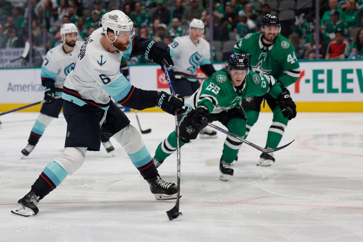 Seattle’s Adam Larsson scores during the second period against Dallas in Game 5 on Thursday at American Airlines Center in Dallas.  (Getty Images)