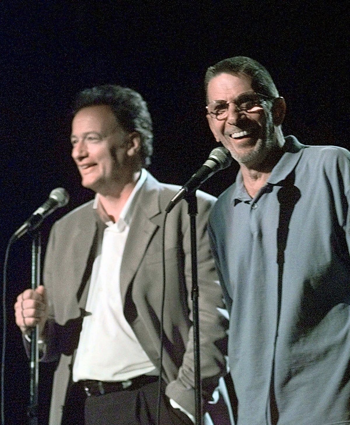 In 1999, John de Lancie, left, and Leonard Nimoy teamed to form “Alien Voices,” a company that specializes in audio recording of science-fiction works. At left, de Lancie as the omnipotent Q in “Star Trek: Voyager.” (Associated Press)