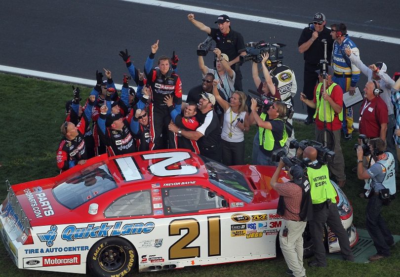 Trevor Bayne and the No. 21 crew celebrates winning the 53rd Daytona 500 in the infield at Daytona International Speedway in Daytona Beach, Fla. (Photo Credit: Jamie Squire/Getty Images) (Jamie Squire / Getty Images North America)