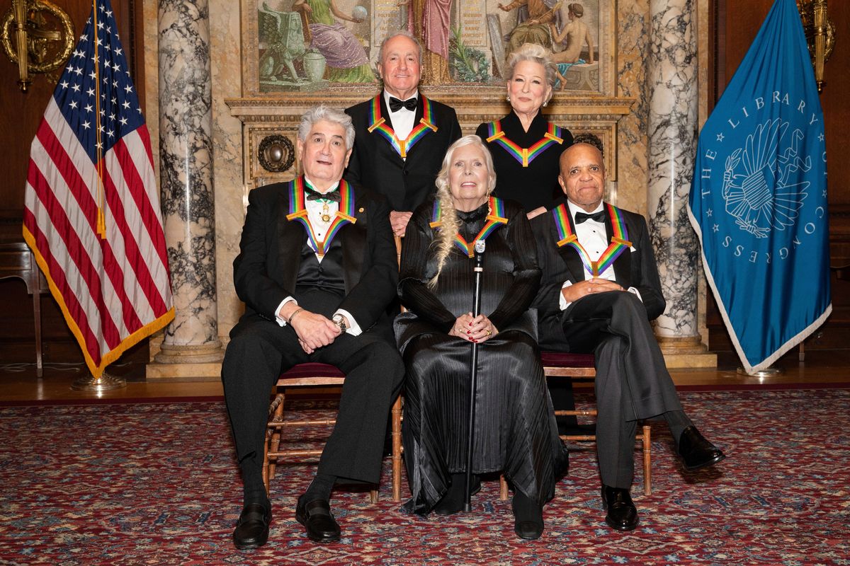 2021 Kennedy Center honorees, from left, Justino Díaz, Lorne Michaels, Joni Mitchell, Bette Midler, and Berry Gordy pose following the Medallion Ceremony for the 44th annual Kennedy Center Honors on Saturday, Dec. 4, 2021, at the Library of Congress in Washington.  (Kevin Wolf)