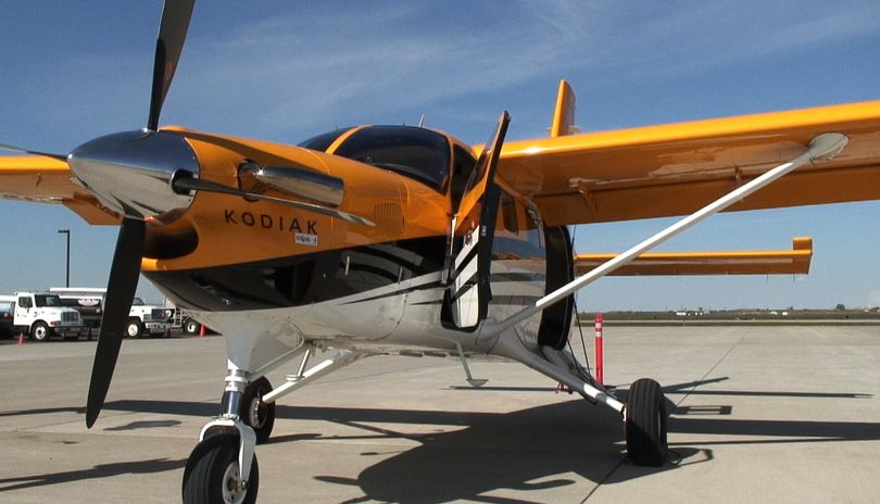 Spokane Turbine Center’s Quest Kodiak sits on the tarmac outside the executive terminal at Spokane International Airport on  May 5. (Andrew Zahler)