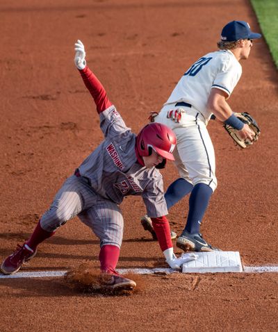Washington State infielder Kodie Kolden, sliding into third base against Gonzaga last season, hit .320 in 2021.  (Colin Mulvany/The Spokesman-Review)