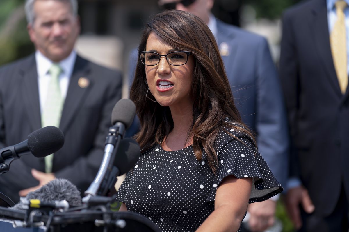 FILE - Rep. Lauren Boebert, R-Colo., speaks at a news conference held by members of the House Freedom Caucus on Capitol Hill in Washington, on July 29, 2021. Boebert has spoken by phone with Rep. Ilhan Omar, D-Minn., just days after likening her to a bomb-carrying terrorist. By both lawmakers