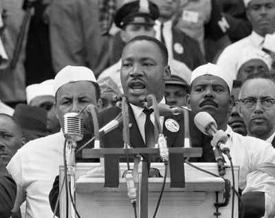 Dr. Martin Luther King Jr., head of the Southern Christian Leadership Conference, addresses marchers during his “I Have a Dream” speech on Aug. 28, 1963, at the Lincoln Memorial in Washington.  (AP)