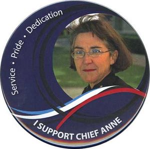 This botton was made by supporters of Spokane Police Chief Anne Kirkpatrick in response to a no confidence vote in the chief's office from the Spokane Police Guild.
