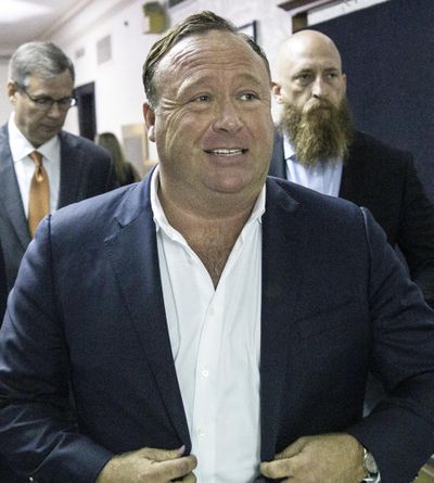 In this Monday, April 17, 2017 photo, “Infowars” host Alex Jones arrives at the Travis County Courthouse in Austin, Texas. Nelba Marquez-Greene, whose 6-year-old daughter, Ana Grace, was among the 26 people killed in the 2012 shooting at Sandy Hook Elementary School in Newtown, Conn., said Monday, June 12, 2017, that she fears a planned NBC television interview by Megyn Kelly with Jones on Father’s Day will encourage other conspiracy theorists who have harassed her and accused her of being part of a hoax. (Tamir Kalifa / Austin American-Statesman)