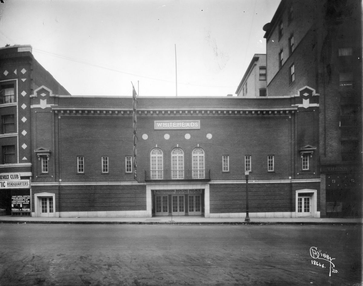 1920: Whitehead’s Dancing Palace opened in 1919 to rave reviews and a packed dance floor that could hold up to 1,200 people. The building was a massive open room with a bandstand in the middle. Chuck Whitehead’s jazz band played almost every night and popular guest bands performed. In 1924, the name was changed to The Garden Ballroom. The Garden was operated through 1941, then the building was converted to a bowling alley. (Libby Collection / Eastern Washington Historical Society)