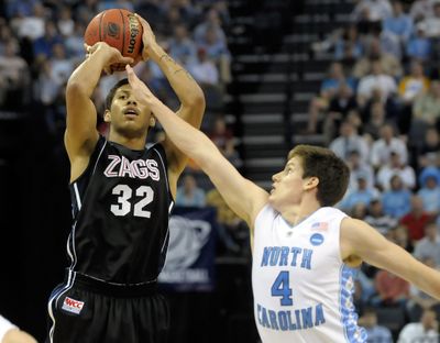 The Spokesman-Review Steven Gray of Gonzaga takes a shot as North Carolina’s Bobby Frasor defends. (Christopher Anderson / The Spokesman-Review)