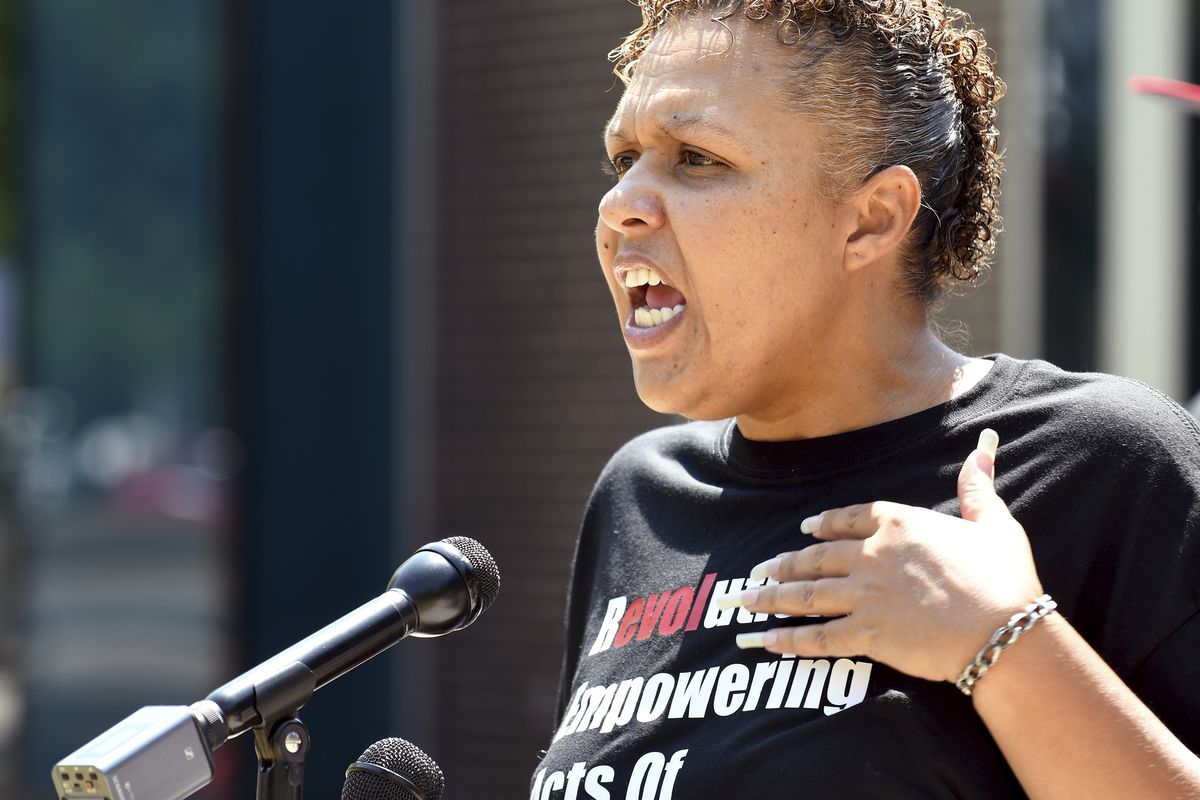 Community activist Candice Bailey speaks during a news conference in Aurora, Colorado, on Wednesday, July 28, 2021. Local activists and former members of Aurora