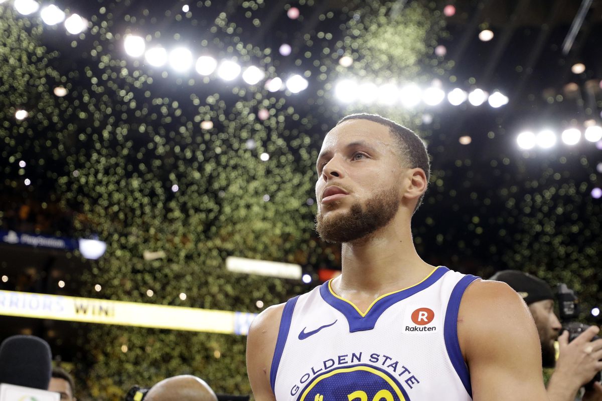 Confetti falls as Golden State Warriors’ Stephen Curry walks off the court at the end of Game 5 of the team’s NBA basketball second-round playoff series against the New Orleans Pelicans on Tuesday, May 8, 2018, in Oakland, Calif. Golden State won 113-104 to win the series. (Marcio Jose Sanchez / Associated Press)