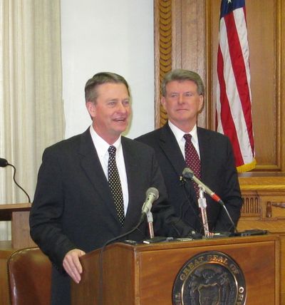 Brad Little, left, speaks after Butch Otter, right, announced the Emmett senator as his pick for Idaho lieutenant governor Tuesday, Jan. 6, 2009. (Betsy Russell / The Spokesman-Review)