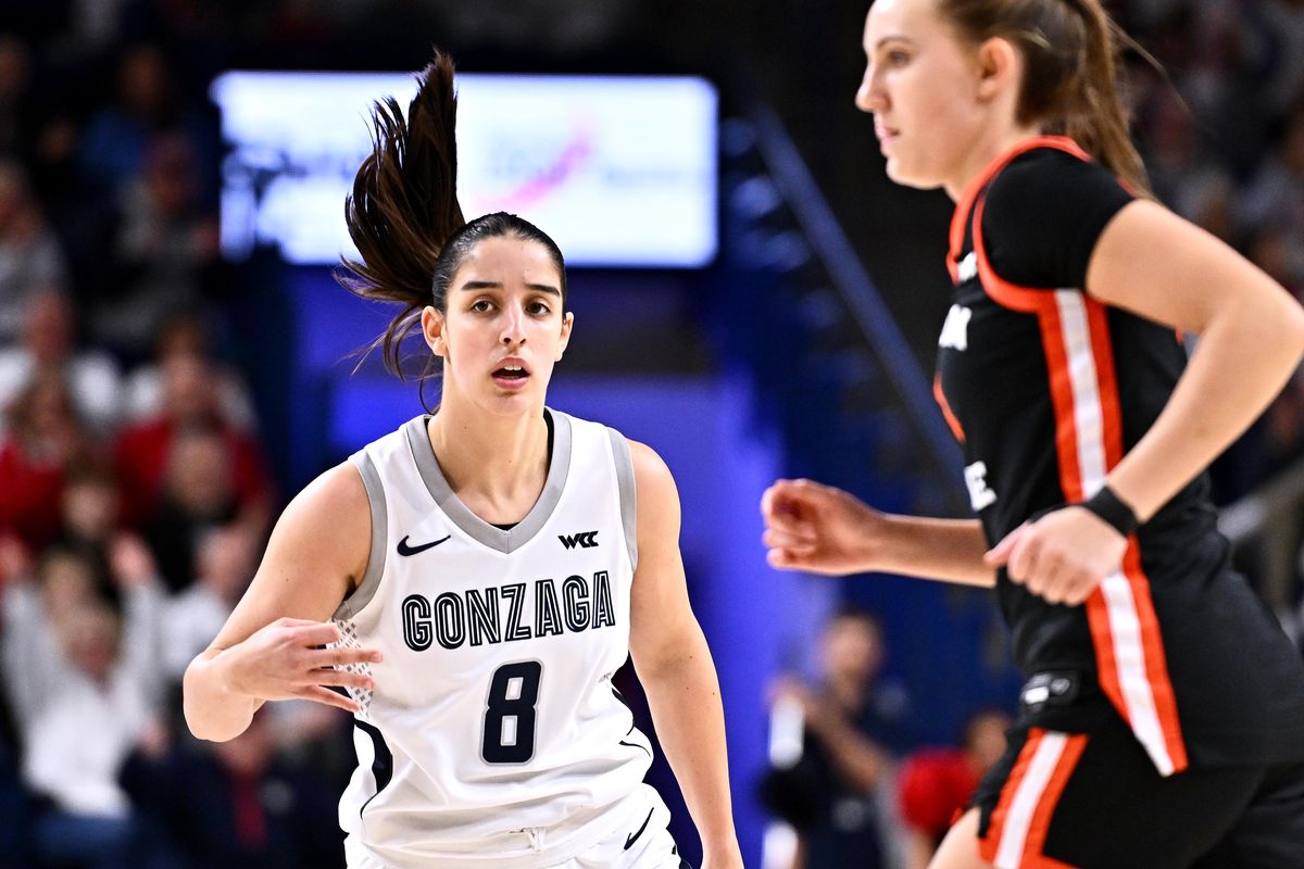 Gonzaga Bulldogs guard Ines Bettencourt (8) celebrates a three-pointer against the Oregon State Beavers in the first half of a WCC women’s basketball game on Thursday, Feb. 5, 2026, at the McCarthey Athletic Center in Spokane WA.  (James Snook)